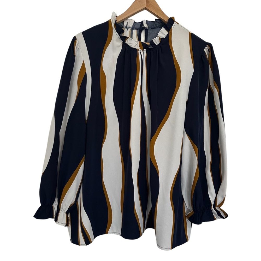 Women’s Abstract Gold Navy and White Ruffle Neck Blouse size XXL - Picture 2 of 7